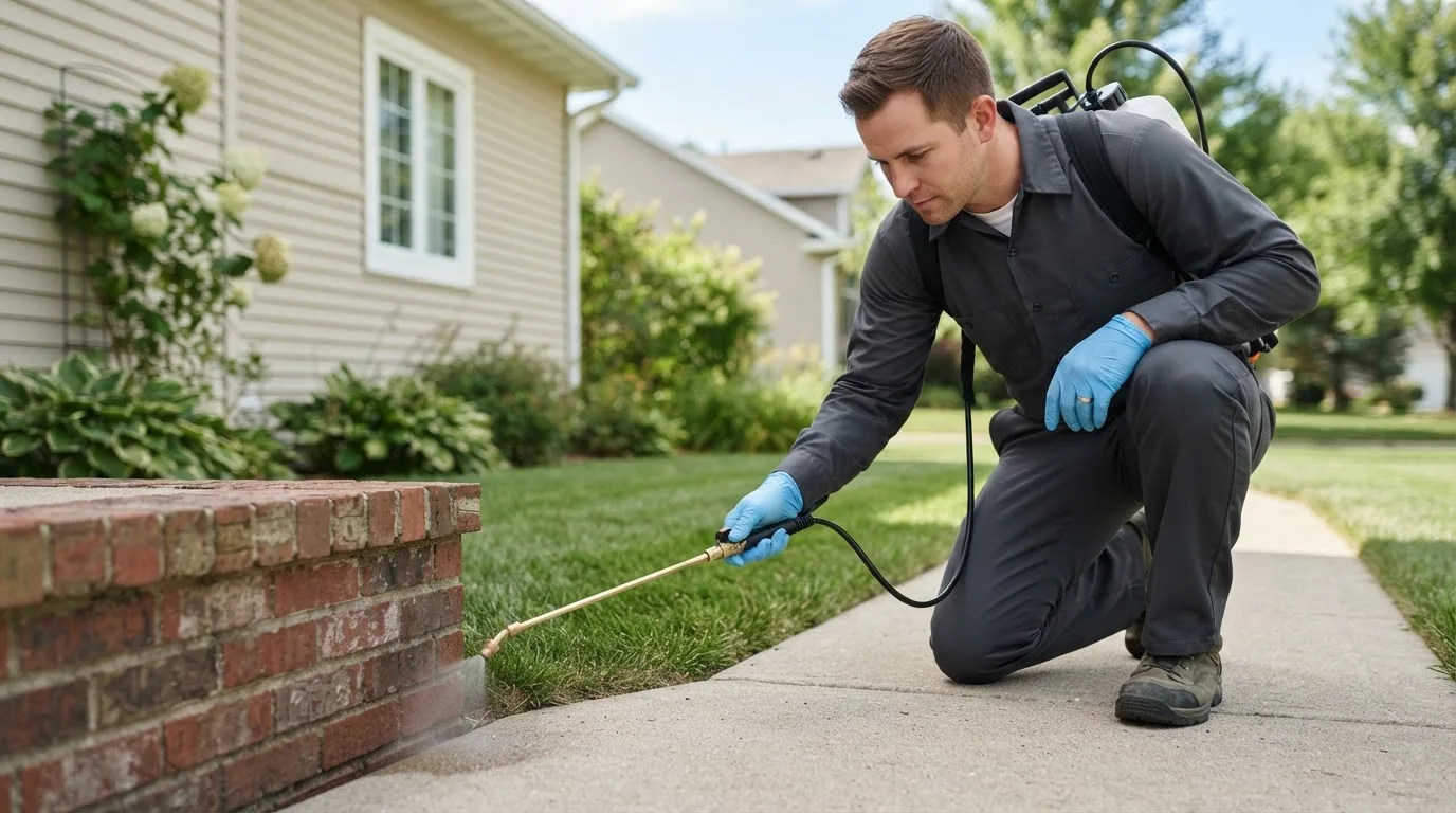 Pest control technician treating a home near Adamsville, OH