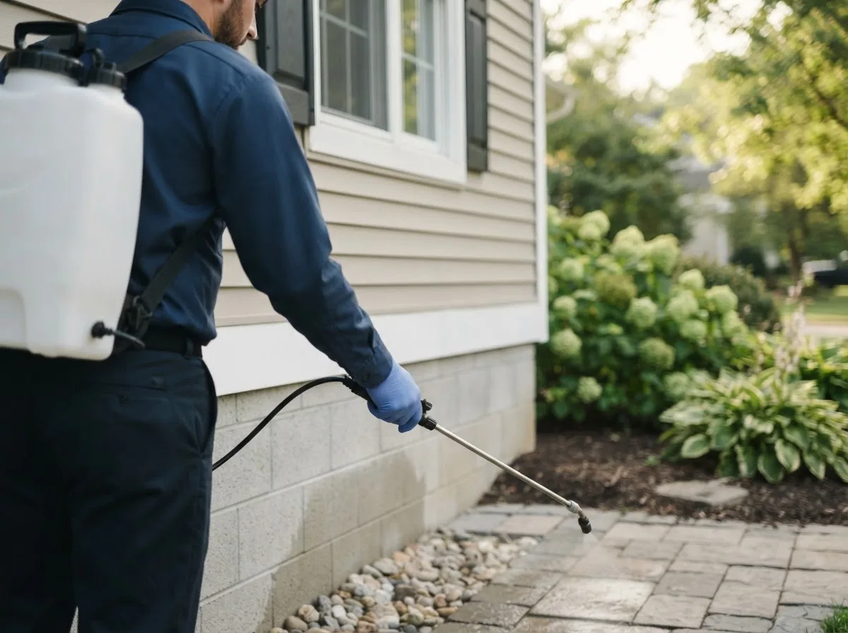 Pest control technician inspecting a home in Adamsville, OH